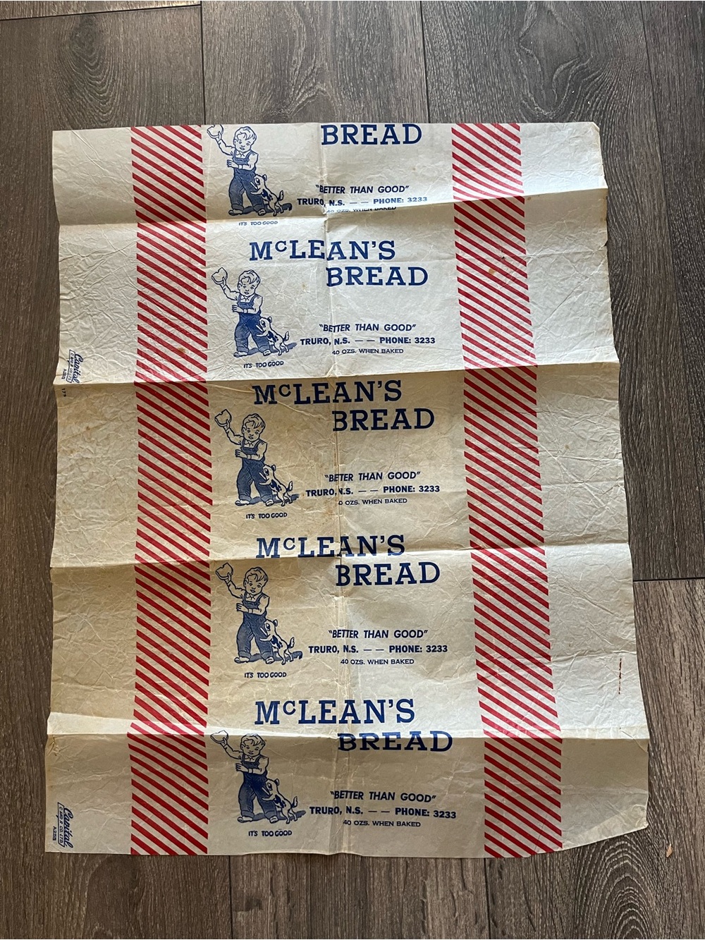 Vintage McLean’s Bread Wax Paper Wrapper 1940’s-50’s